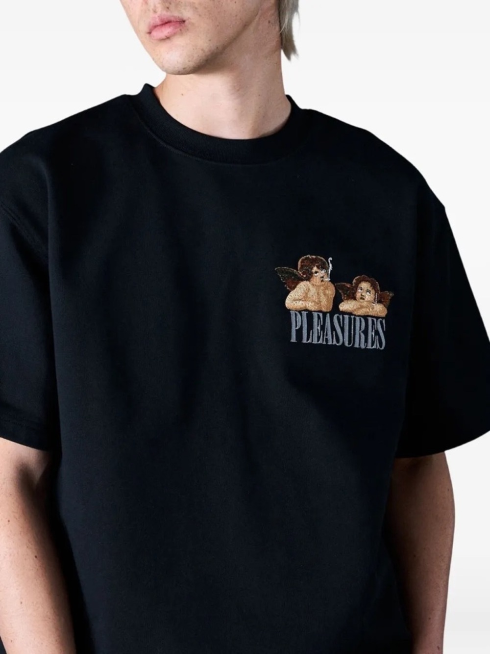 PLEASURES Black Tee with Red Logo Tag NWOT Medium - Picture 2 of 8